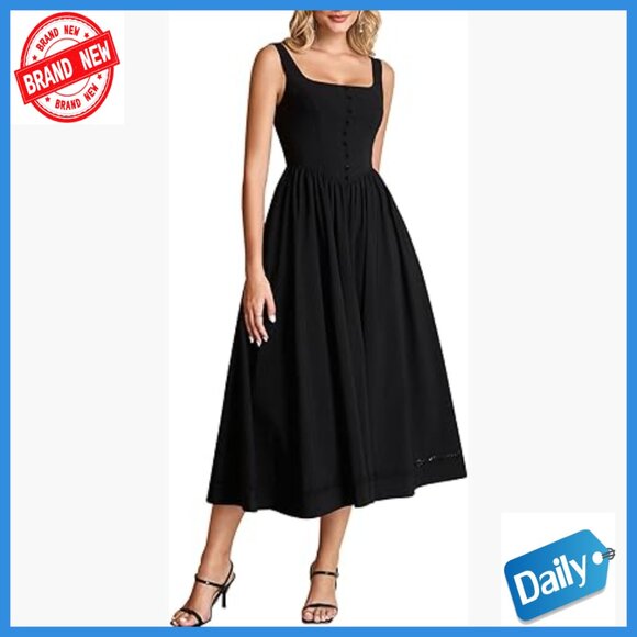 Lace A-Line Midi Dress with Pockets V-Neck Sleeveless Slim Fit